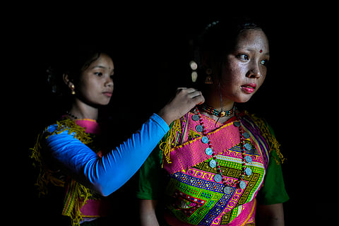 Tiwa tribal girls in traditional attire